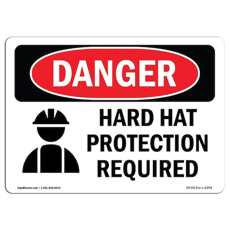 OSHA Danger Sign, Hard Hat Protection Required, 7in X 5in Decal